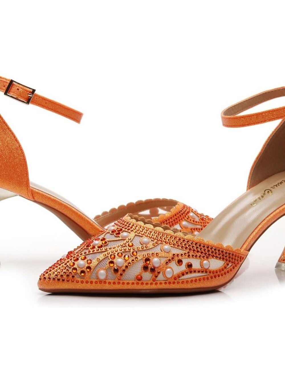 Women's Orange Platform Shining Lady Slingback Pump Shoe With Ankle Buckle - Picture 5 of 6
